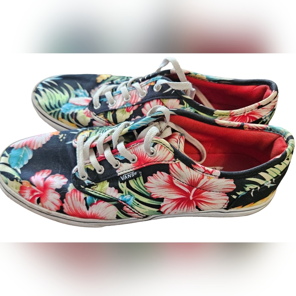 VANS Tropical Floral On Black Lace Up Sneakers Women's Size 8 - Picture 1 of 5
